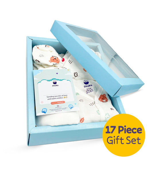Newborn Baby Shower Gift Set/Hospital Kit, Muslin Baby Essentials 17 Pc Gift Box - zizuka