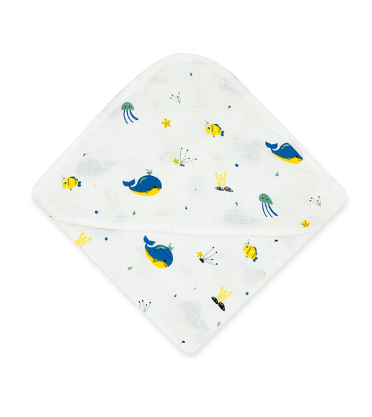 Muslin Hooded Towel for Newborn Baby -2 Layer Natural Cotton -Blue Whale - zizuka