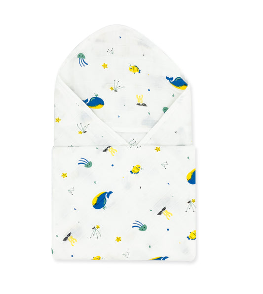 Muslin Hooded Towel for Newborn Baby -2 Layer Natural Cotton -Blue Whale - zizuka