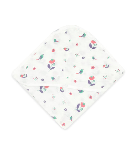 Muslin Hooded Towel for Baby -2 Layer Natural Cotton -Blossom Chirp - zizuka