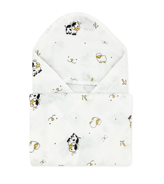 Muslin Hooded Towel for Newborn Baby -2 Layer Natural Cotton -Farmland - zizuka