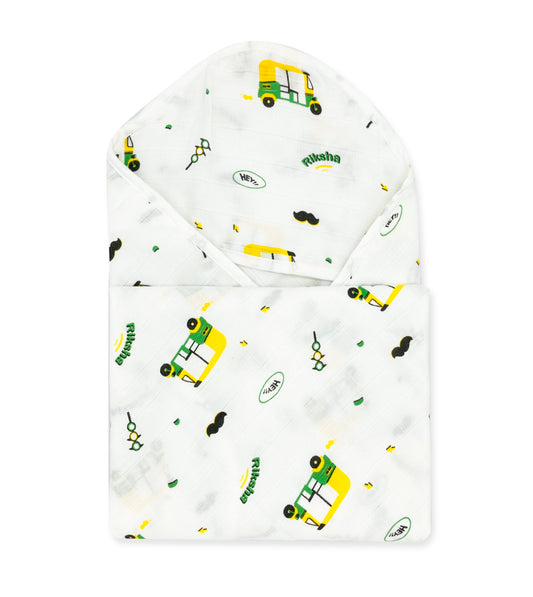 Muslin Hooded Towel for Newborn Baby -2 Layer Natural Cotton -Riksha - zizuka