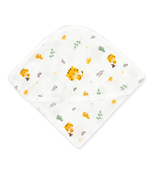 Natural Cotton Muslin Hooded Towel for Newborn Baby -Tiger