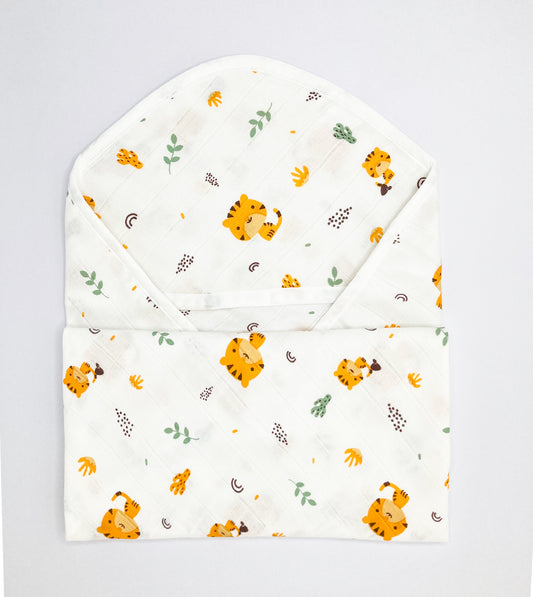 Natural Cotton Muslin Hooded Towel for Newborn Baby -Tiger