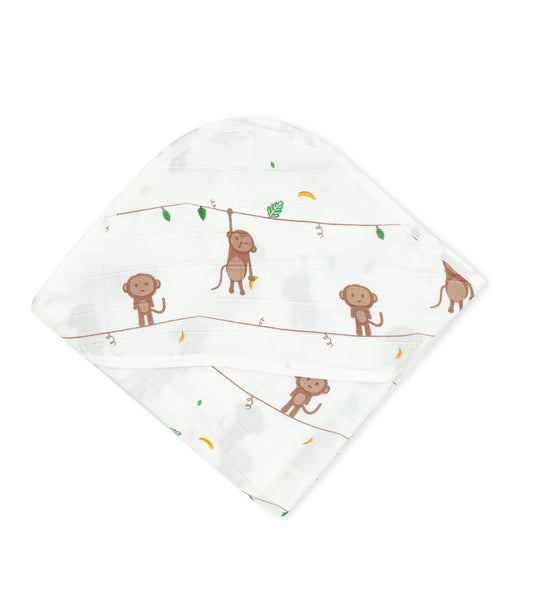 Muslin Hooded Towel for Newborn Baby -2 Layer Natural Cotton -Monkey - zizuka
