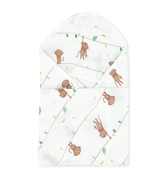 Muslin Hooded Towel for Newborn Baby -2 Layer Natural Cotton -Monkey - zizuka