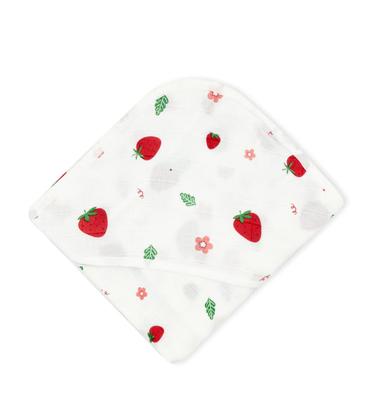 100% Muslin Hooded Towel for Newborn Baby, 2 Layer Cotton, Strawberry - zizuka