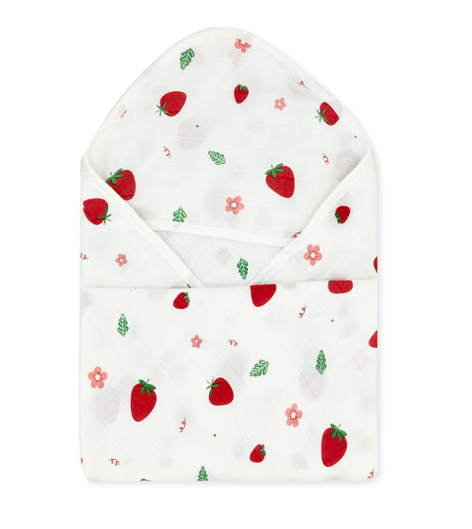 100% Muslin Hooded Towel for Newborn Baby, 2 Layer Cotton, Strawberry - zizuka