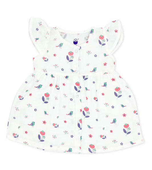 100% Cotton Cap Sleeve Muslin Frock Dress -Blossom Chirp - zizuka