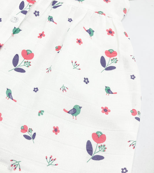 100% Cotton Cap Sleeve Muslin Frock Dress -Blossom Chirp - zizuka