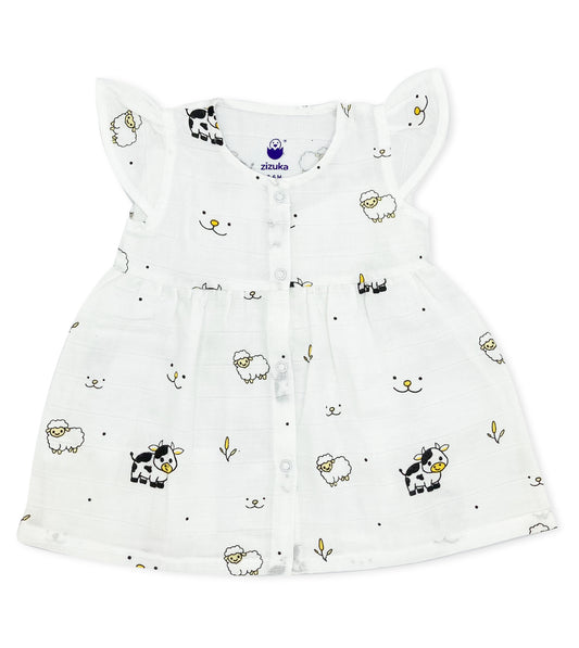 100% Cotton Cap Sleeve Muslin Frock -Farmland - zizuka