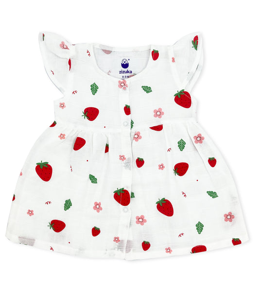 100% Cotton Cap Sleeve Muslin Frock Dress -Strawberry - zizuka