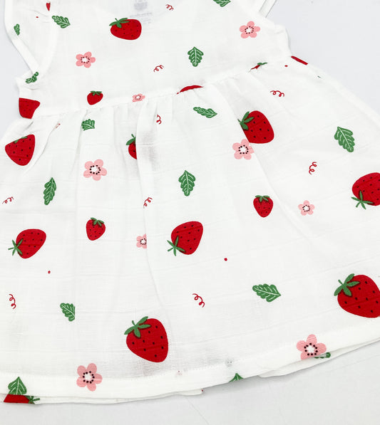 100% Cotton Cap Sleeve Muslin Frock Dress -Strawberry - zizuka