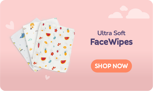 Ultra Soft Baby Cotton Face Wipes with colorful designs on a pink background with 'SHOP NOW' button.