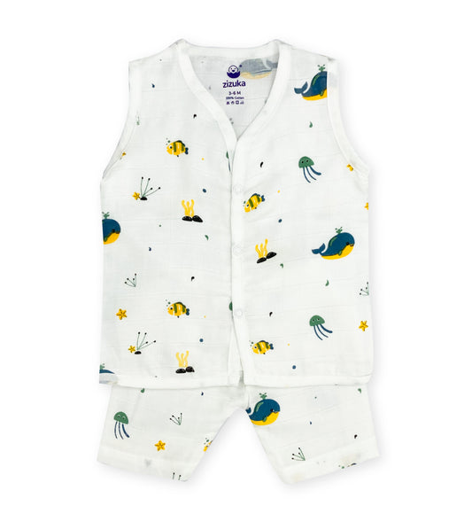 Sleeveless Jabla Co Ord Set / Jabla Shorts 100% Muslin Cotton -Blue Whale