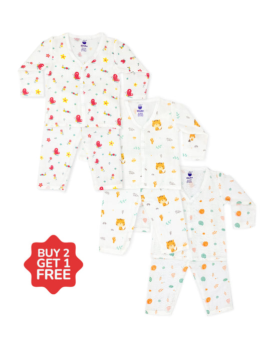Buy 2 Get 1 Free - Baby Night Suit / Muslin Jabla-Pyjama Set Combo - zizuka