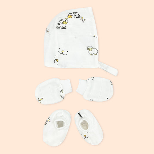 Newborn Muslin Baby Cap Mitten Socks Booties- Farmland