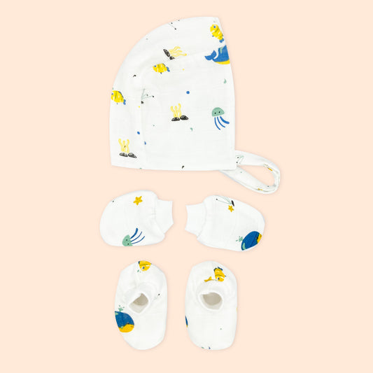 Newborn Muslin Baby Cap Mitten Socks Booties- Blue Whale