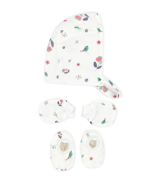 Newborn Muslin Baby Cap Mitten Socks Set- Blossom Chirp - zizuka