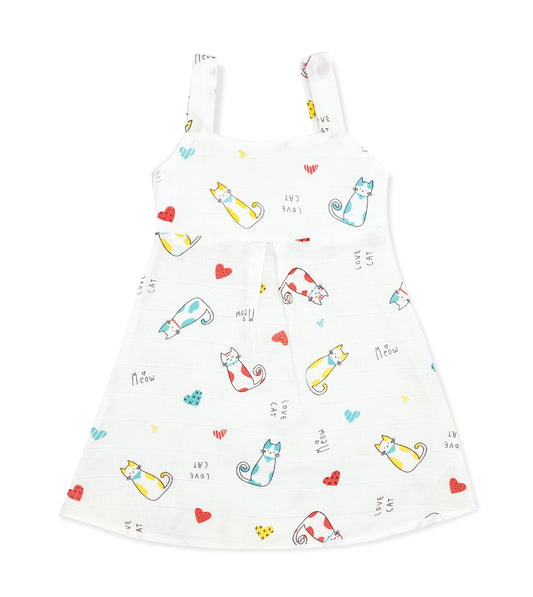 Muslin A Line Frock for Baby Girl -Sleeveless Dress -Cat - zizuka