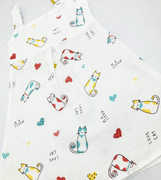 Muslin A Line Frock for Baby Girl -Sleeveless Dress -Cat - zizuka
