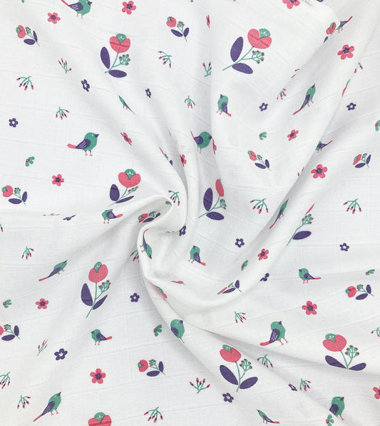 100% Cotton Muslin Swaddle / Towel -Blossom Chirp - zizuka