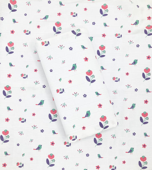 100% Cotton Muslin Swaddle / Towel -Blossom Chirp - zizuka