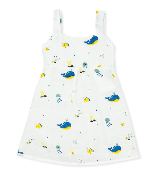 Muslin A Line Frock for Girl -Sleeveless Dress -Blue Whale - zizuka
