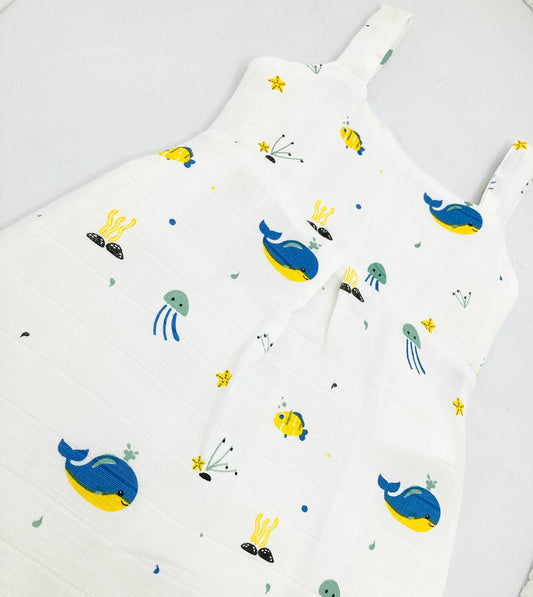 Muslin A Line Frock for Girl -Sleeveless Dress -Blue Whale - zizuka