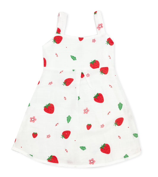 Muslin A Line Frock for Baby Girl -Sleeveless Dress -Strawberry - zizuka