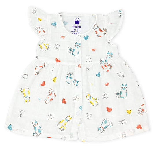 Muslin Frock for Baby Girl -Cap Sleeve 100% Cotton -Cat - zizuka