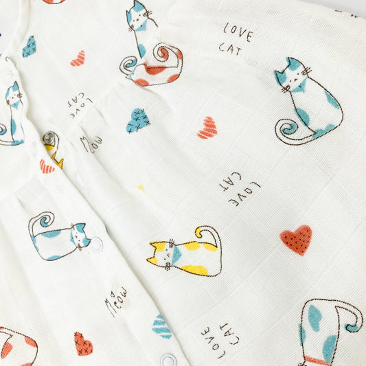 Muslin Frock for Baby Girl -Cap Sleeve 100% Cotton -Cat - zizuka