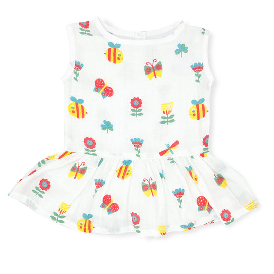 Drop Waist Muslin Frock for Baby Girl - Sleeveless Organic Cotton -Garden - zizuka