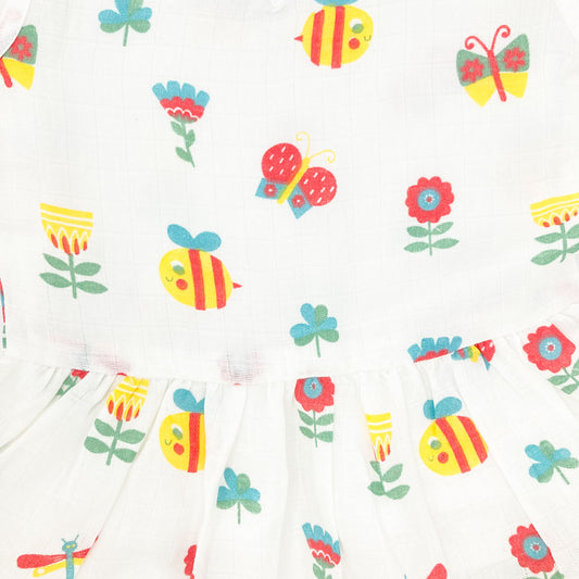 Drop Waist Muslin Frock for Baby Girl - Sleeveless Organic Cotton -Garden - zizuka