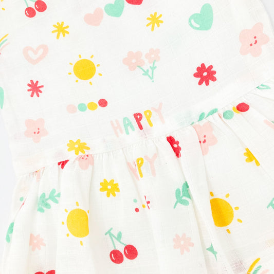 Muslin Frock for Baby Girl - Sleeveless Organic Cotton -Happy - zizuka