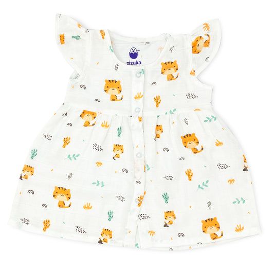 100% Cotton Muslin Frock for Baby Girl -Cap Sleeve -Tiger - zizuka