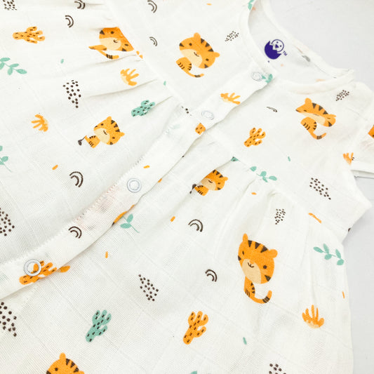 100% Cotton Muslin Frock for Baby Girl -Cap Sleeve -Tiger - zizuka