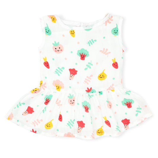 Drop Waist Muslin Frock for Baby Girl - Sleeveless Organic Cotton -Veggies - zizuka