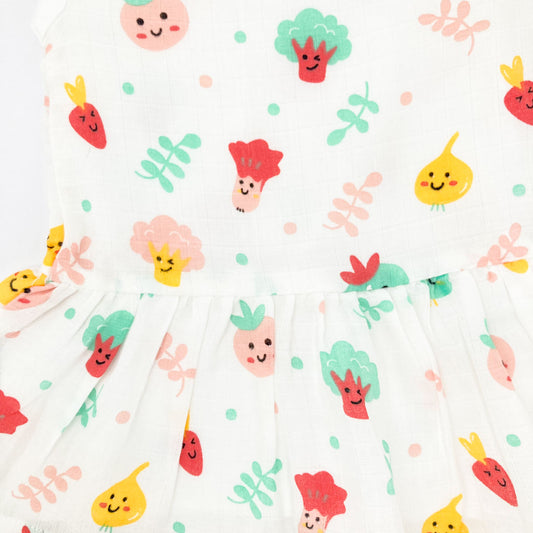 Drop Waist Muslin Frock for Baby Girl - Sleeveless Organic Cotton -Veggies - zizuka
