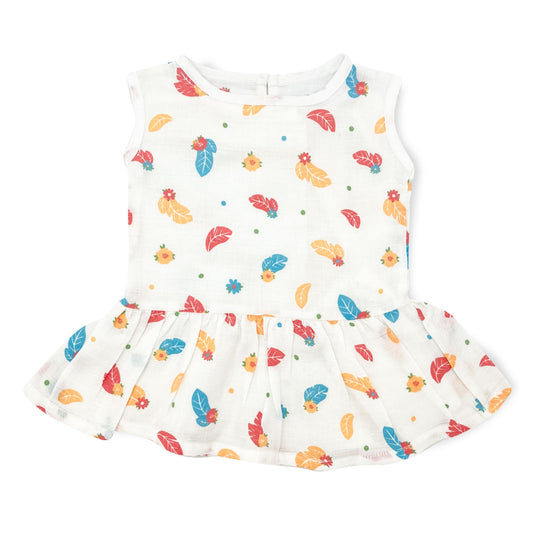 Drop Waist Muslin Frock for Baby Girl -Sleeveless Organic Cotton Feather - zizuka