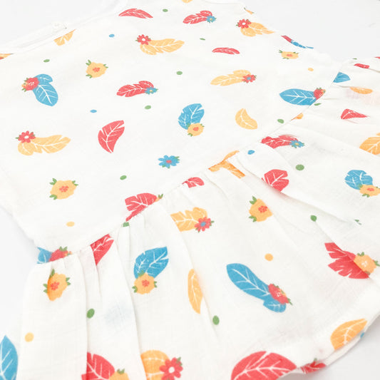 Drop Waist Muslin Frock for Baby Girl -Sleeveless Organic Cotton Feather - zizuka