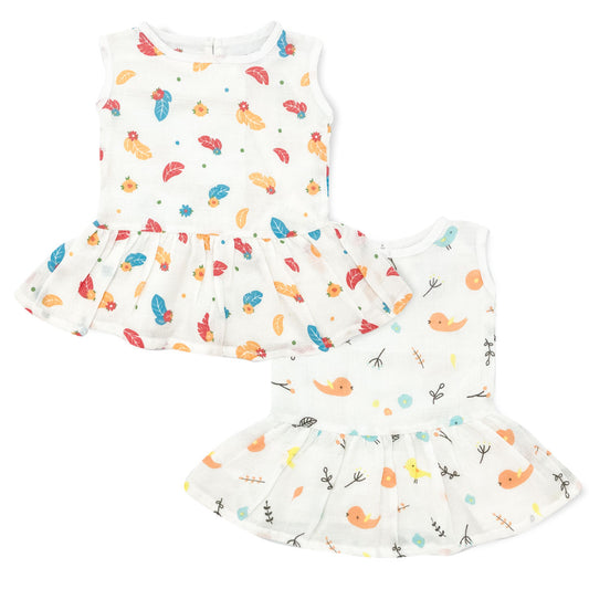 Drop Waist Sleeveless Muslin Frock for Baby Girl- Organic Cotton (Pack of 2) - zizuka