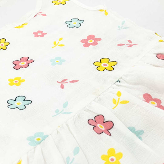 Drop Waist Muslin Frock for Baby Girl - Sleeveless Organic Cotton Flower - zizuka