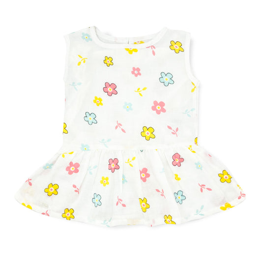 Drop Waist Muslin Frock for Baby Girl - Sleeveless Organic Cotton Flower - zizuka