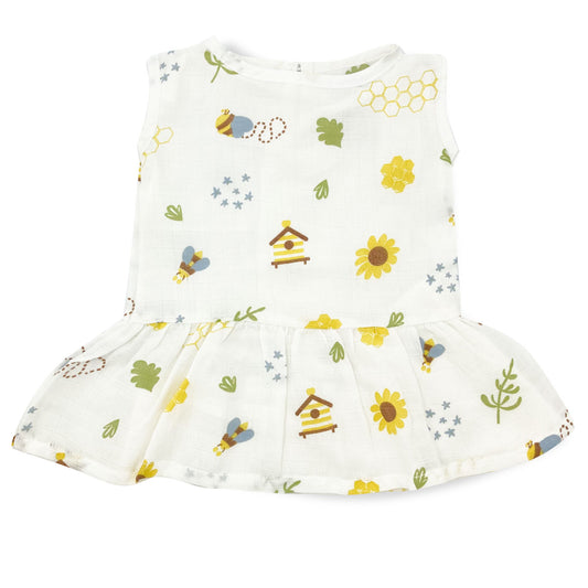 Drop Waist Muslin Frock for Baby Girl - Sleeveless Organic Cotton Honeybee - zizuka