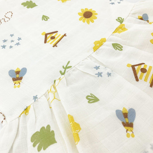 Drop Waist Muslin Frock for Baby Girl - Sleeveless Organic Cotton Honeybee - zizuka