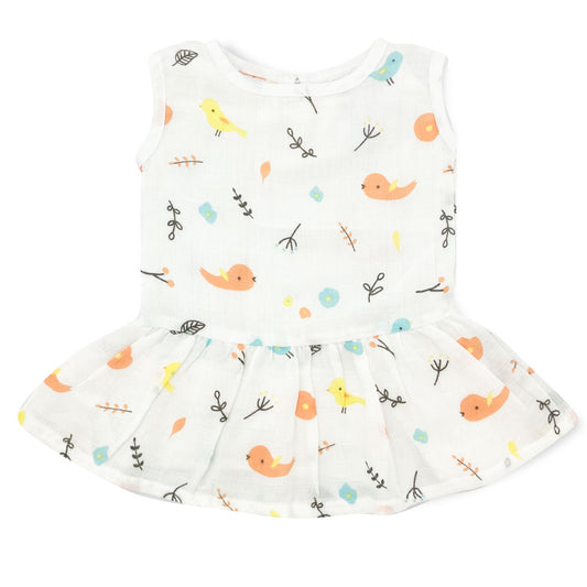 Drop Waist Muslin Frock for Baby Girl - Sleeveless Organic Cotton Sparrow - zizuka