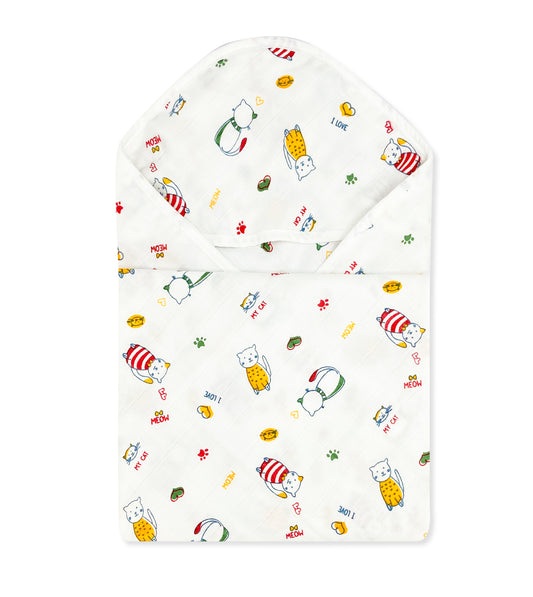Newborn Baby Muslin Hooded Towel, 2 Layer Natural Cotton -Cat