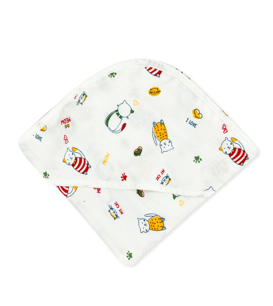 Newborn Baby Muslin Hooded Towel, 2 Layer Natural Cotton -Cat
