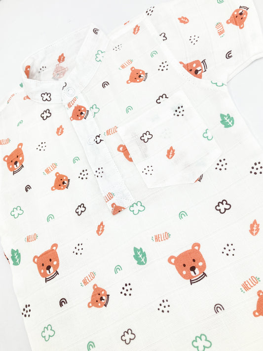 Muslin Half Sleeve Kurta Shirt -100% Cotton -Hello Teddy - zizuka